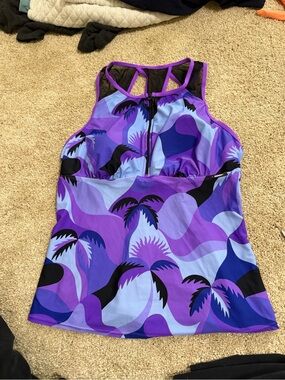 Gerry Purple and Black Palm-Print Tankini Top with Front Zip large bra new